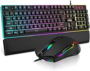 RedThunder K10 Wired Gaming Keyboard and Mouse and Wrist Rest Combo, RGB Backlit, Mechanic
