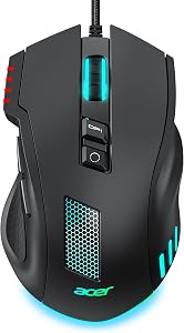 acer Wired Gaming Mouse, 12,800 DPI RGB Ergonomic Computer Mouse with Optical Sensor, 8 Pr